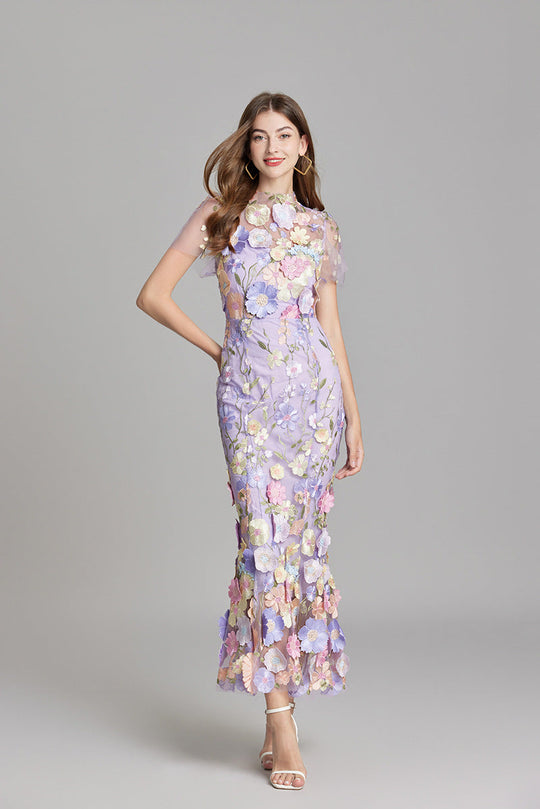 Women's Embroidered Mesh Fitted Maxi Dress