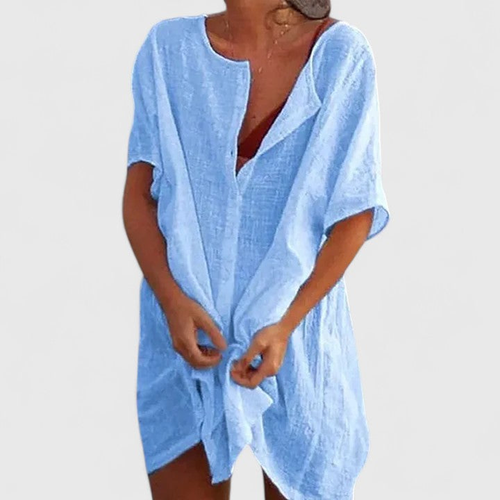 Women's Relaxed Linen Blend Button-Up Tunic Dress