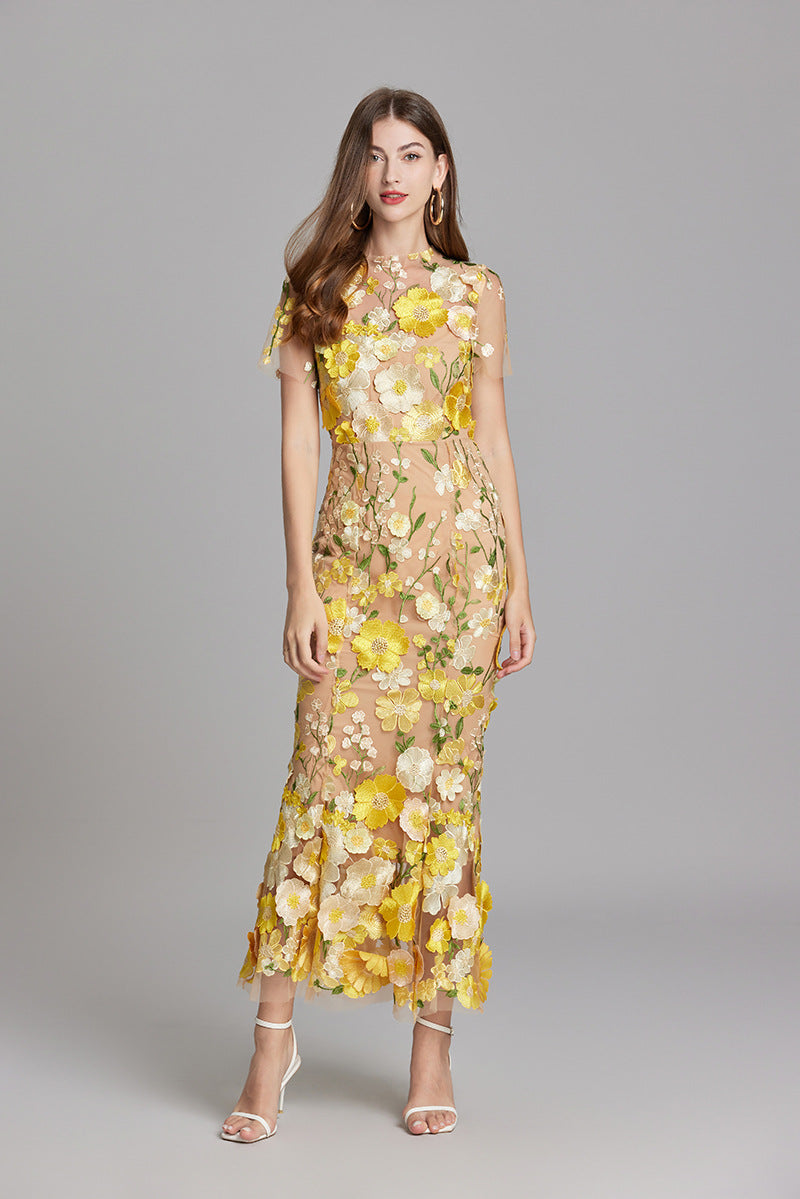 Women's Embroidered Mesh Fitted Maxi Dress