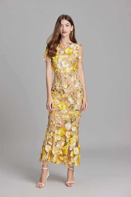 Women's Embroidered Mesh Fitted Maxi Dress