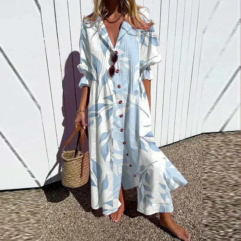 Women's Artistic Printed Button Front Maxi Shirt Dress