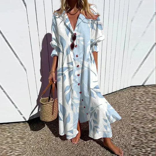 Women's Artistic Printed Button Front Maxi Shirt Dress