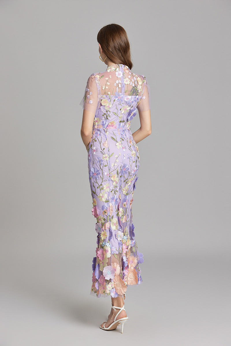 Women's Embroidered Mesh Fitted Maxi Dress