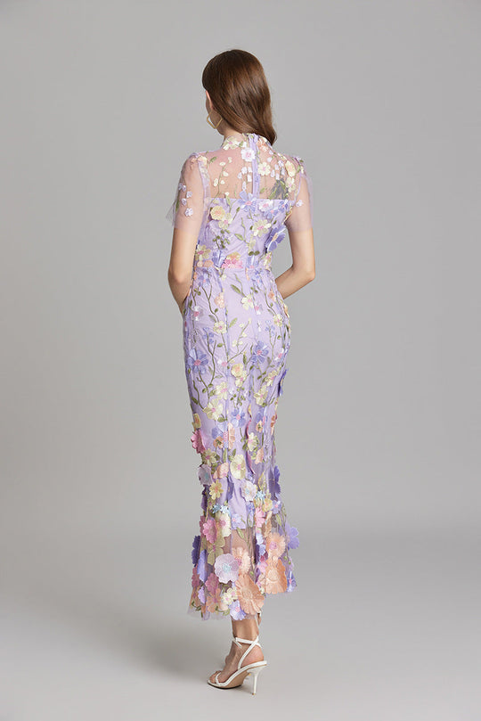 Women's Embroidered Mesh Fitted Maxi Dress