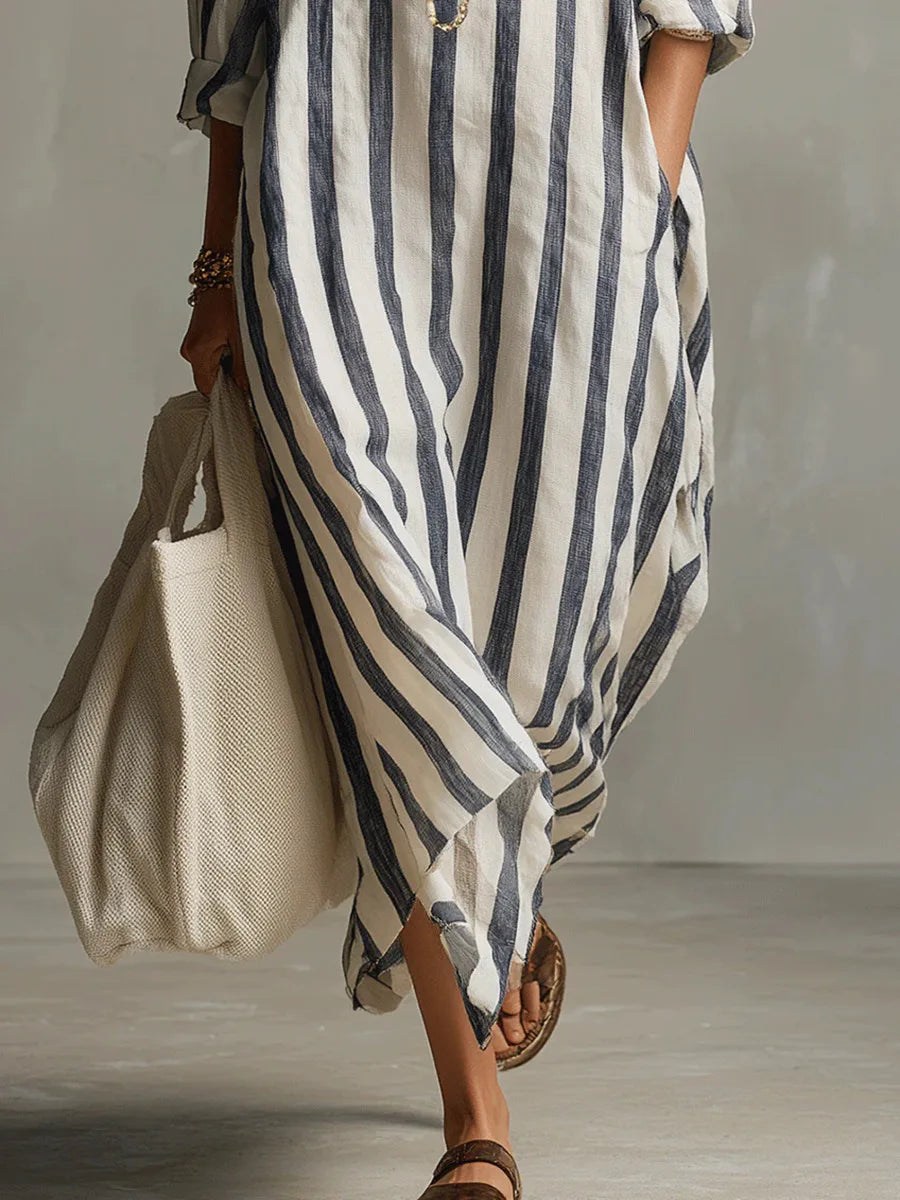 Women's Relaxed Striped Button-Up Maxi Shirt Dress