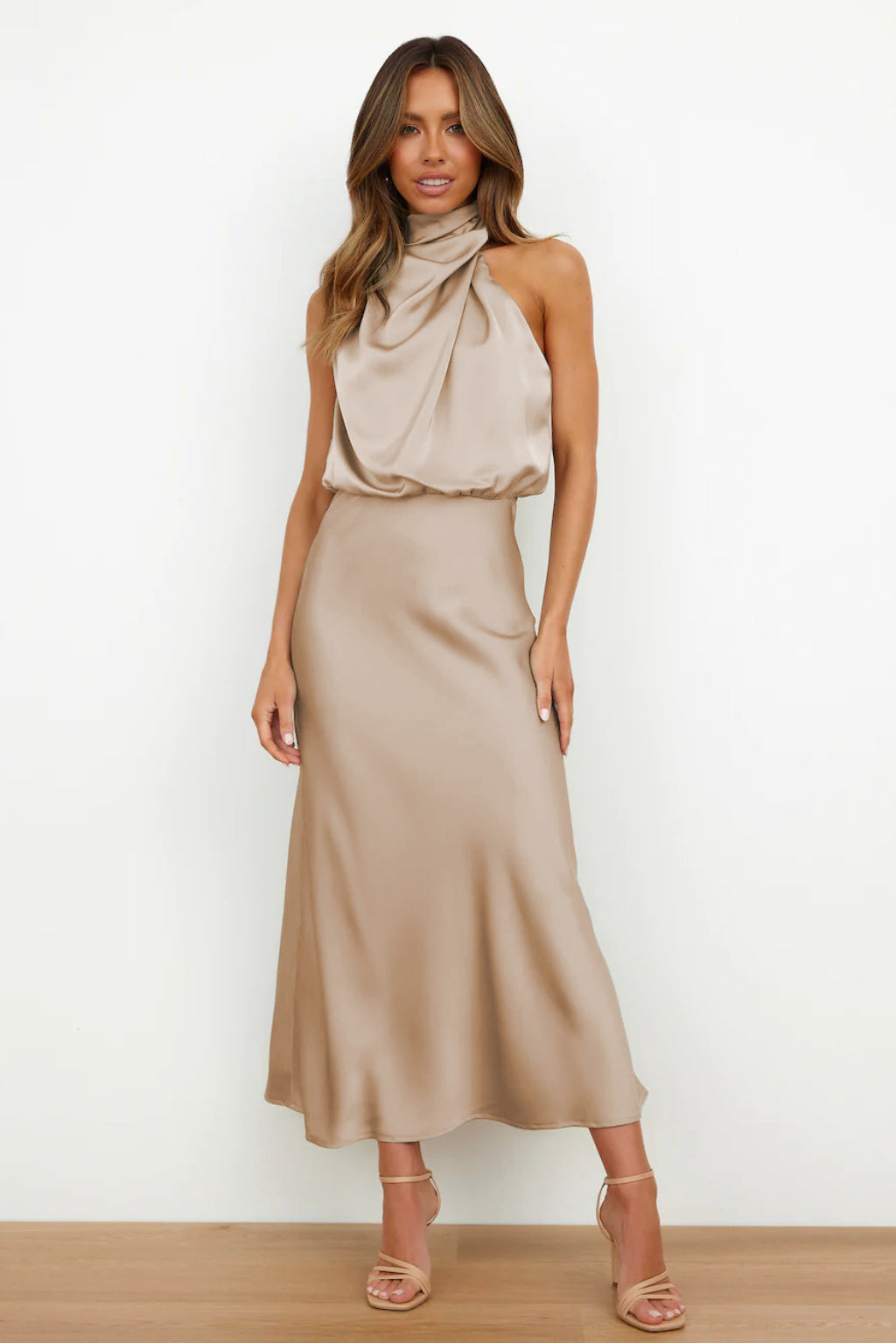 Women's Halter Neck Maxi Dress with Draped Bodice