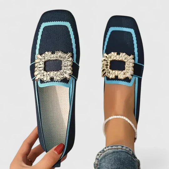 Women's Rhinestone Buckle Square-Toe Knit Ballet Flats