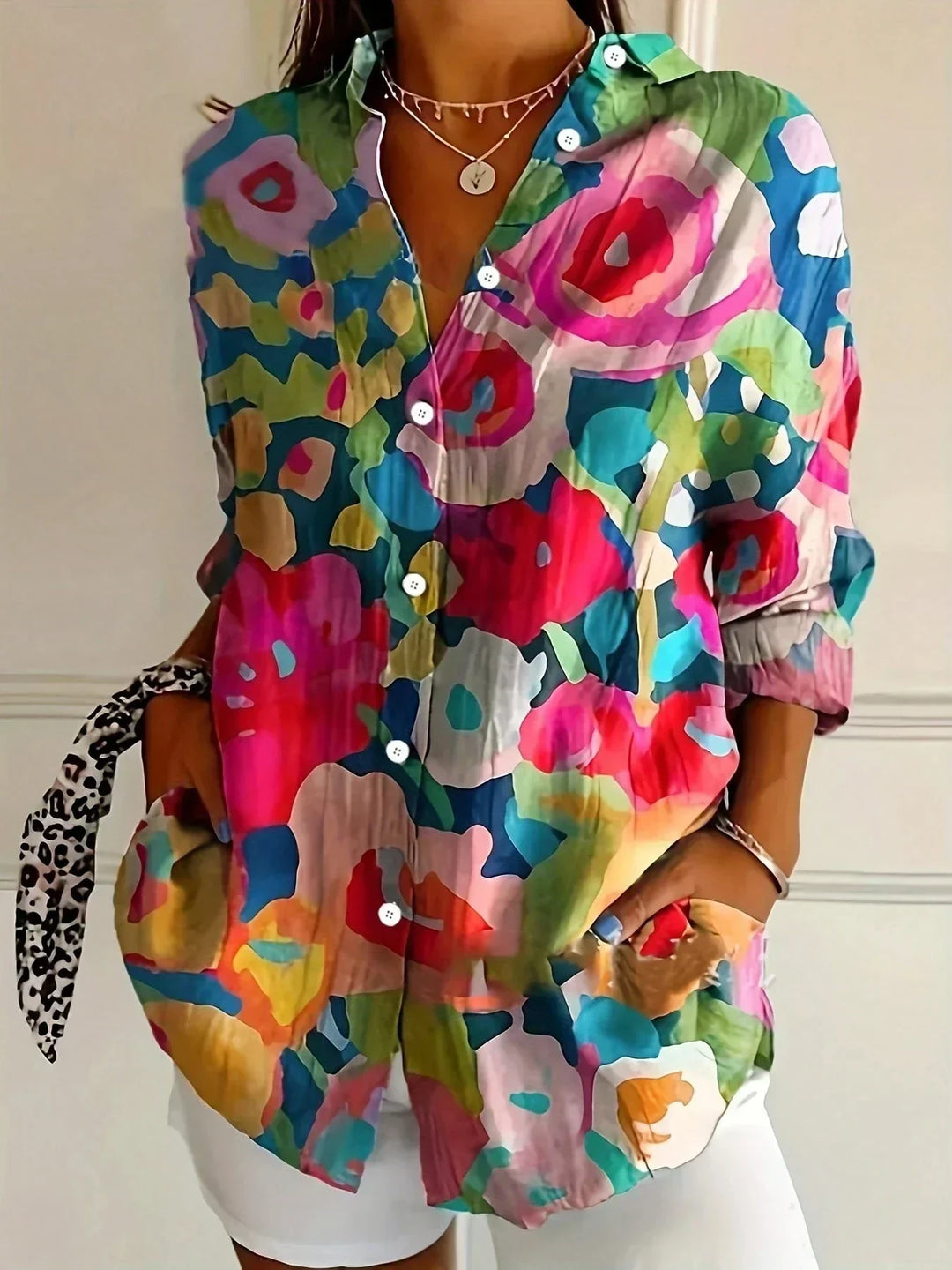 Women's Artistic Patchwork Print Button-Up Shirt