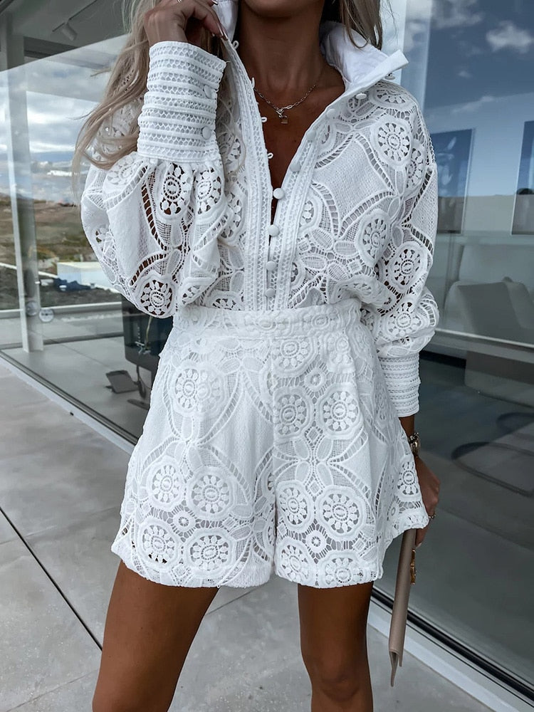 Women's Floral Lace Long Sleeve Romper