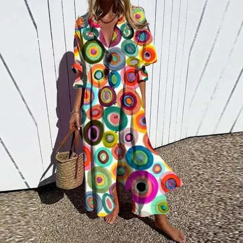 Women's Artistic Printed Button Front Maxi Shirt Dress