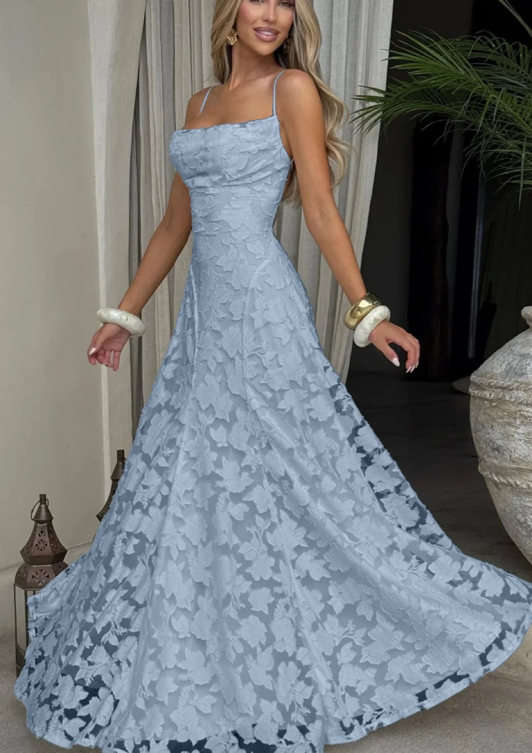 Women's Floral Lace Cowl Neck Maxi Evening Dress