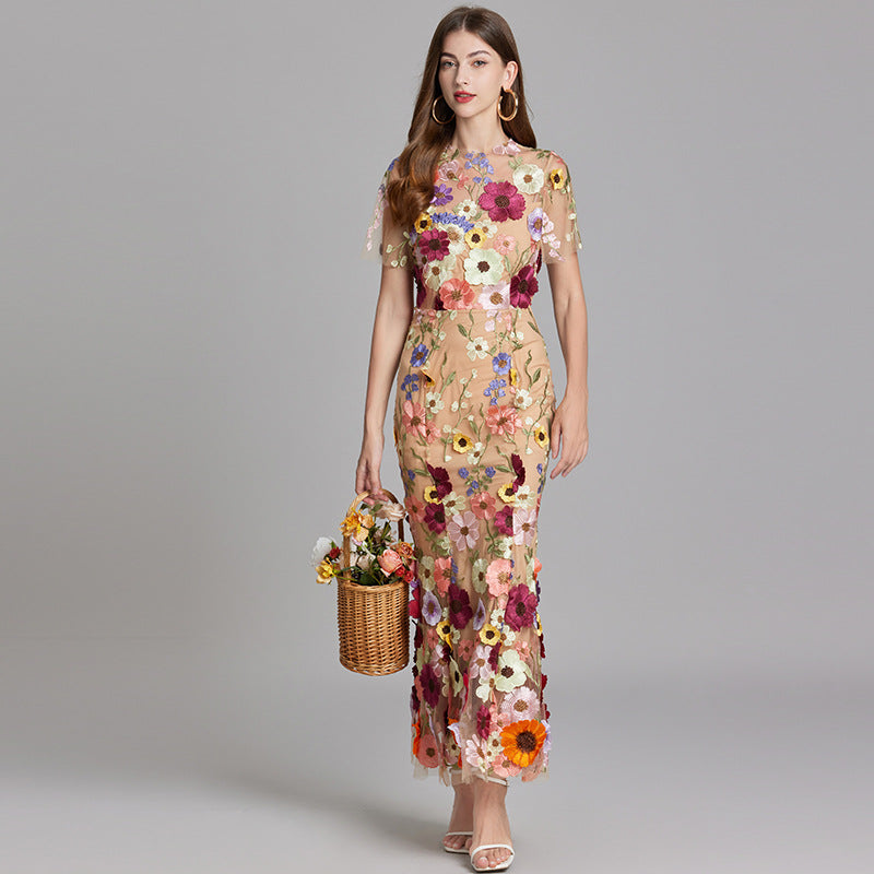 Women's Embroidered Mesh Fitted Maxi Dress