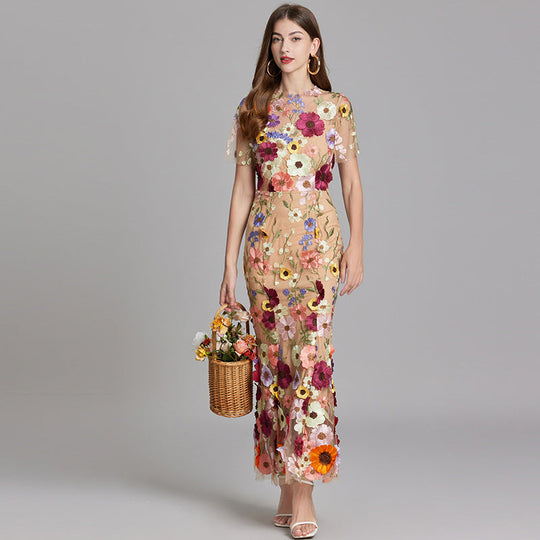 Women's Embroidered Mesh Fitted Maxi Dress