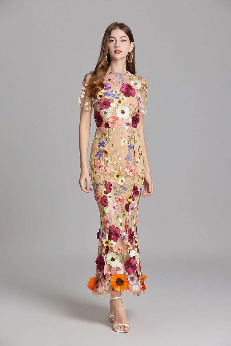 Women's Embroidered Mesh Fitted Maxi Dress