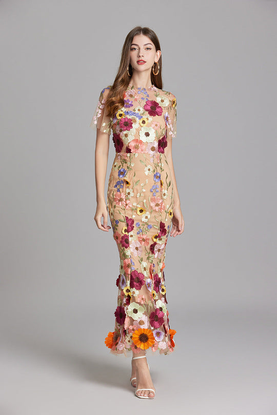 Women's Embroidered Mesh Fitted Maxi Dress