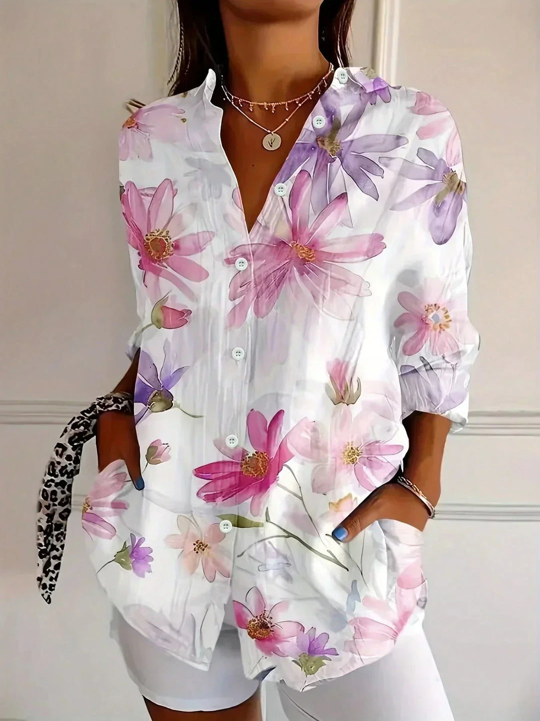 Women's Artistic Patchwork Print Button-Up Shirt