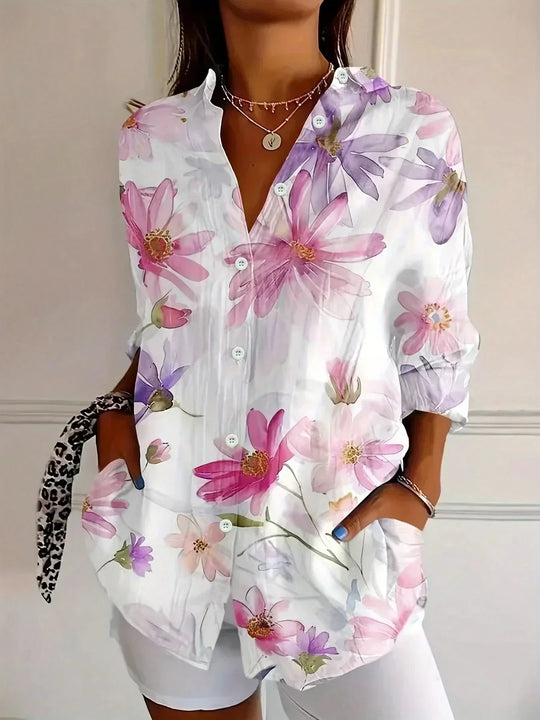 Women's Artistic Patchwork Print Button-Up Shirt