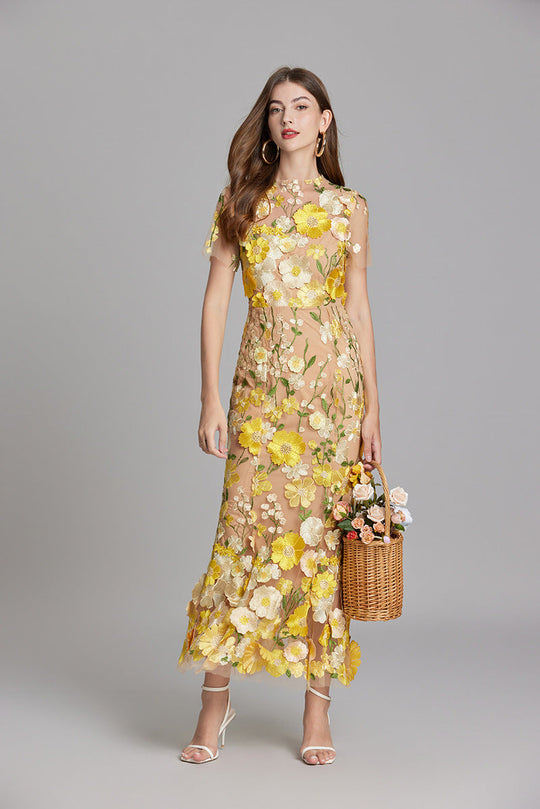 Women's Embroidered Mesh Fitted Maxi Dress
