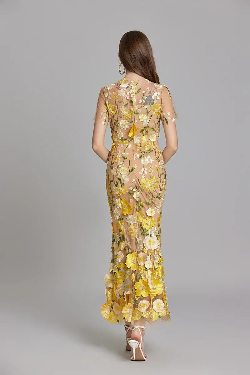 Women's Embroidered Mesh Fitted Maxi Dress
