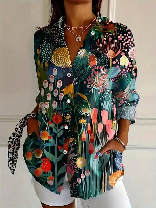 Women's Artistic Patchwork Print Button-Up Shirt