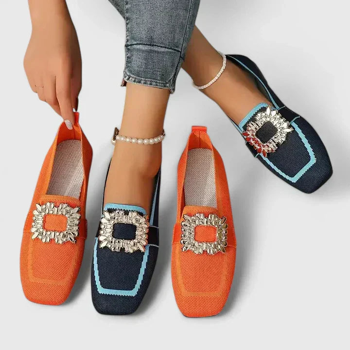 Women's Rhinestone Buckle Square-Toe Knit Ballet Flats