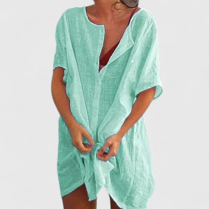 Women's Relaxed Linen Blend Button-Up Tunic Dress