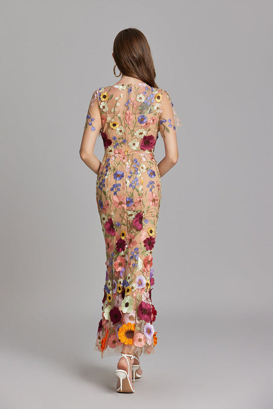 Women's Embroidered Mesh Fitted Maxi Dress