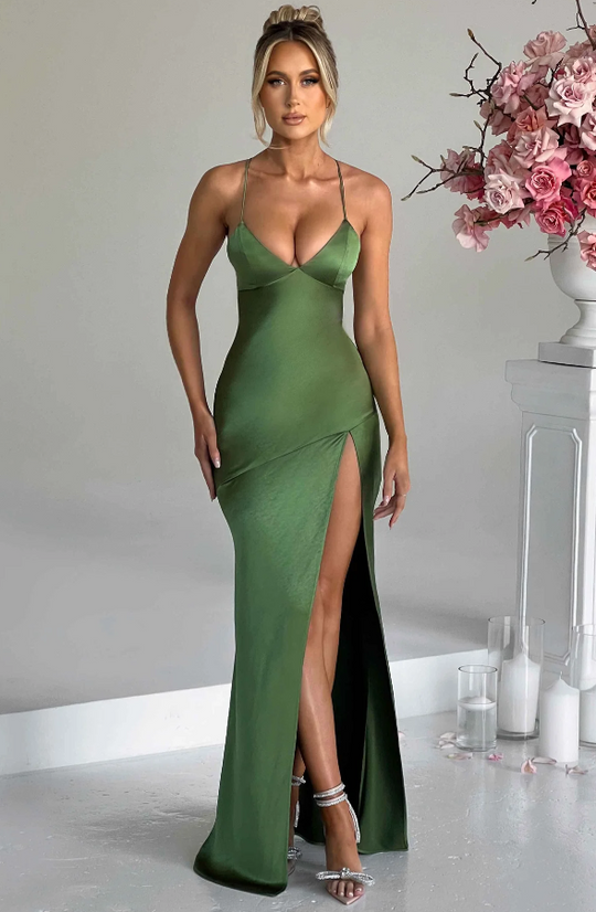 Women's Elegant Strappy Bodycon Maxi Dress with High Slit