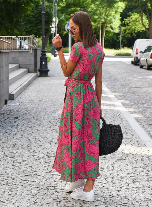 Damen Midikleid mit Blumenmuster und Wickeldesign