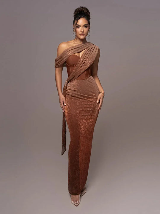 Women's One-Shoulder Shimmer Draped Evening Maxi Dress