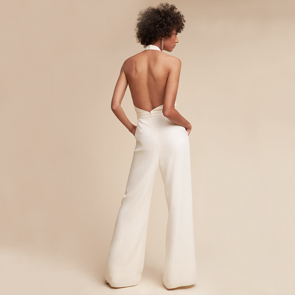 Women's Elegant Plunge Halter Wide-Leg Jumpsuit