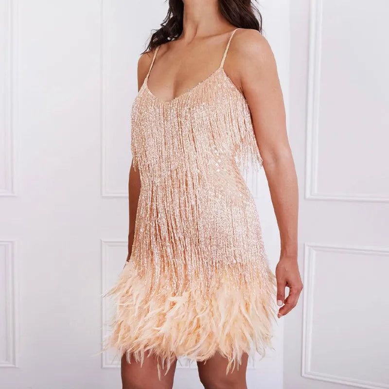 Women's Sequin Fringe Feather Trim Party Mini Dress