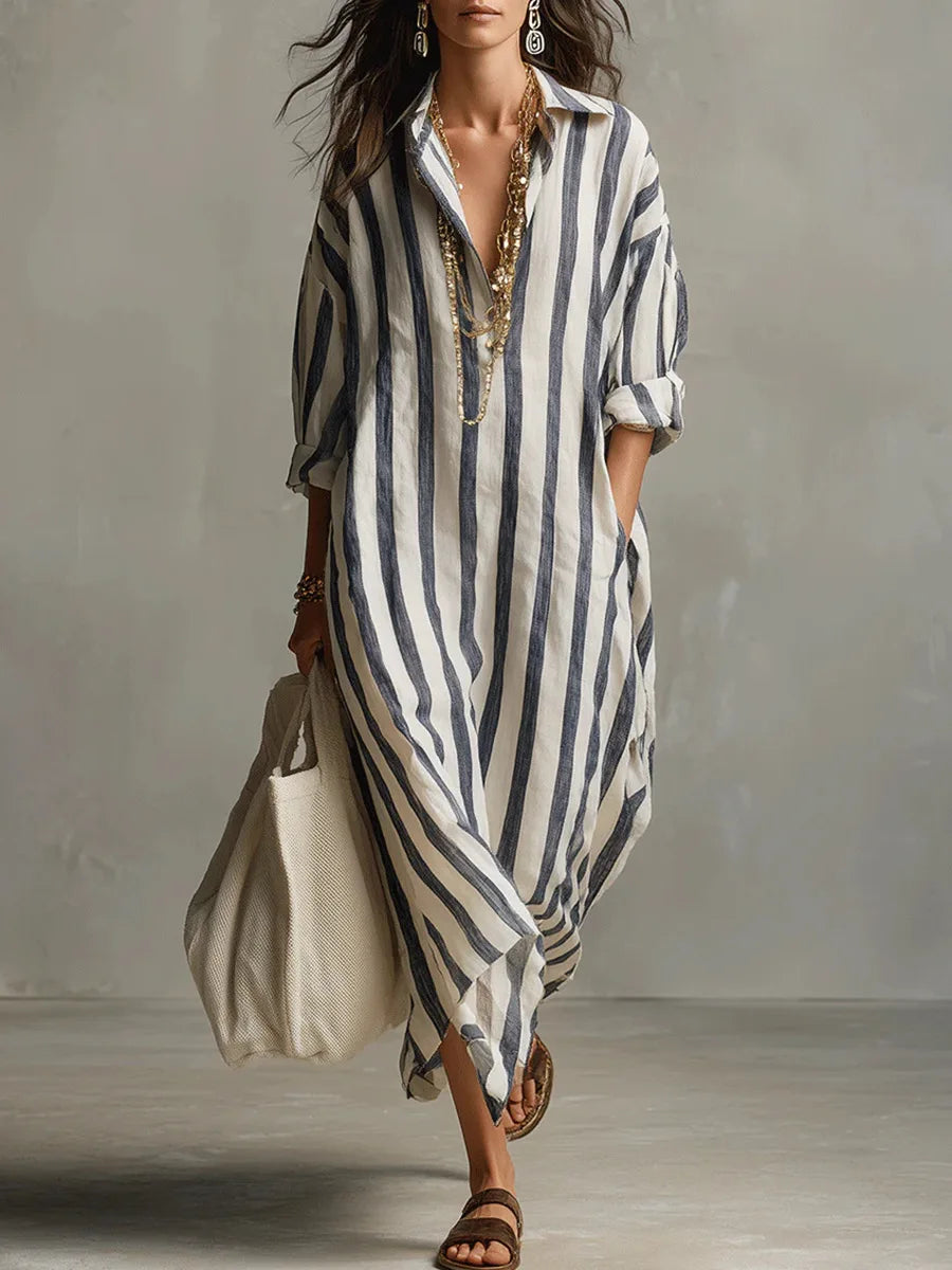 Women's Relaxed Striped Button-Up Maxi Shirt Dress
