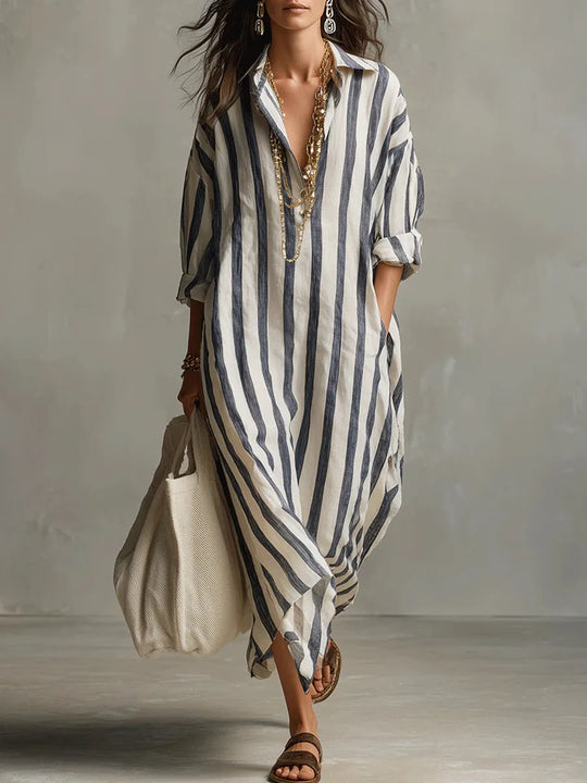 Women's Relaxed Striped Button-Up Maxi Shirt Dress