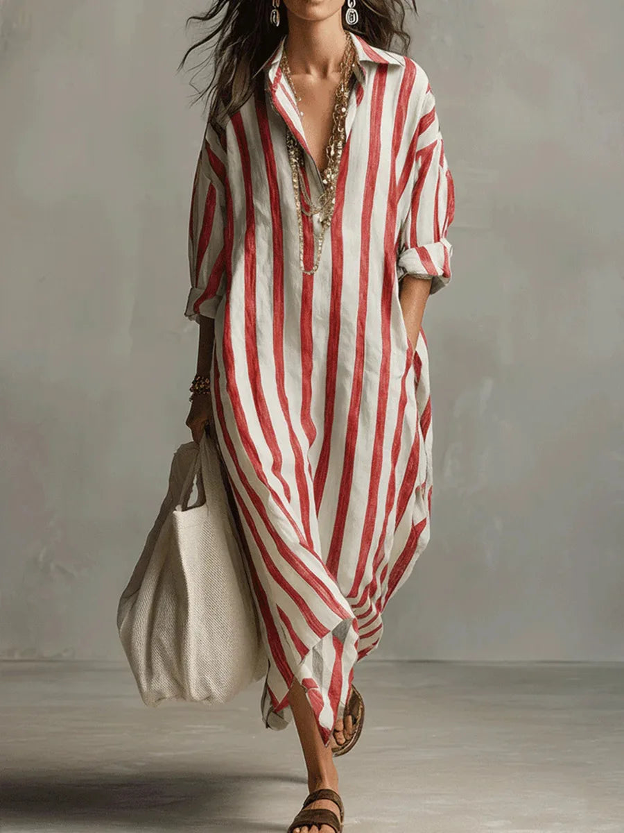 Women's Relaxed Striped Button-Up Maxi Shirt Dress
