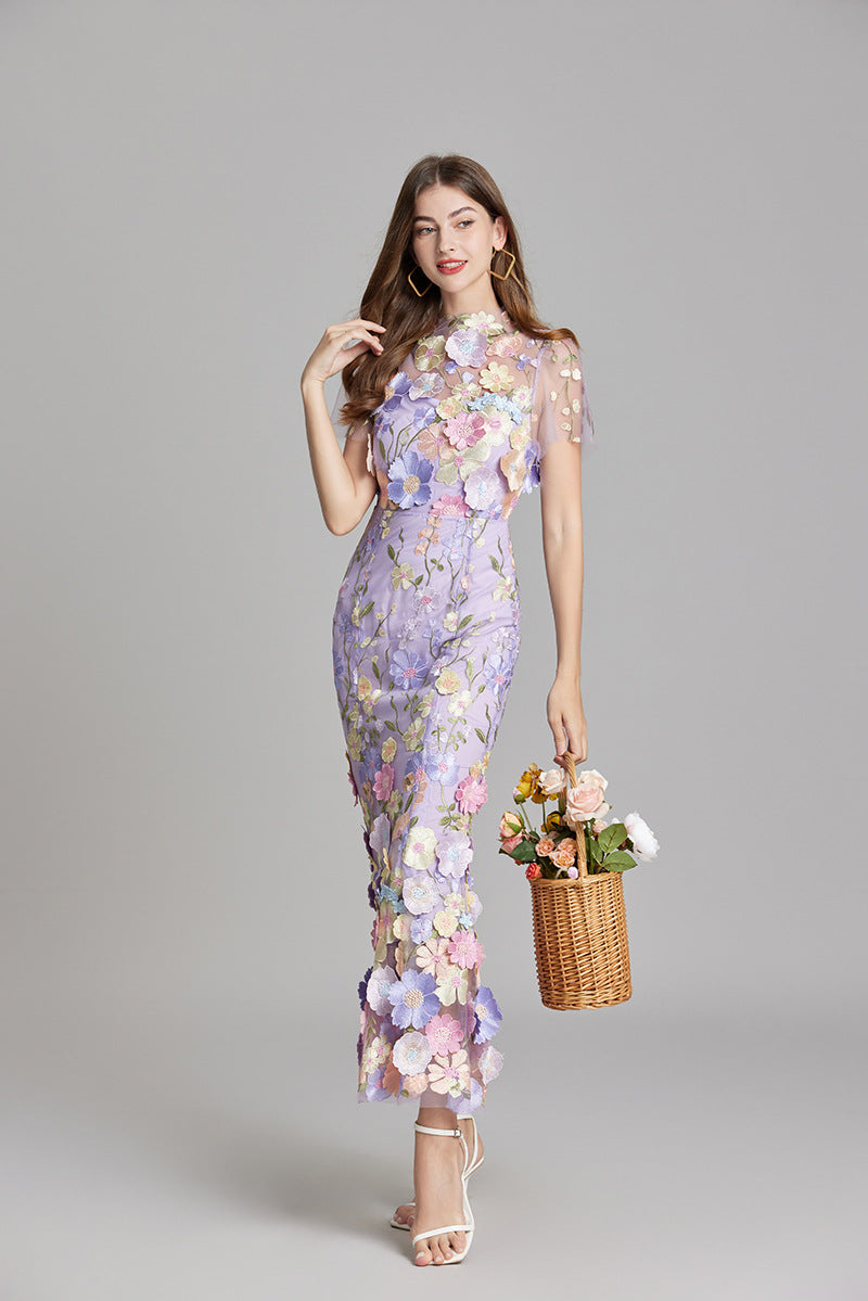 Women's Embroidered Mesh Fitted Maxi Dress