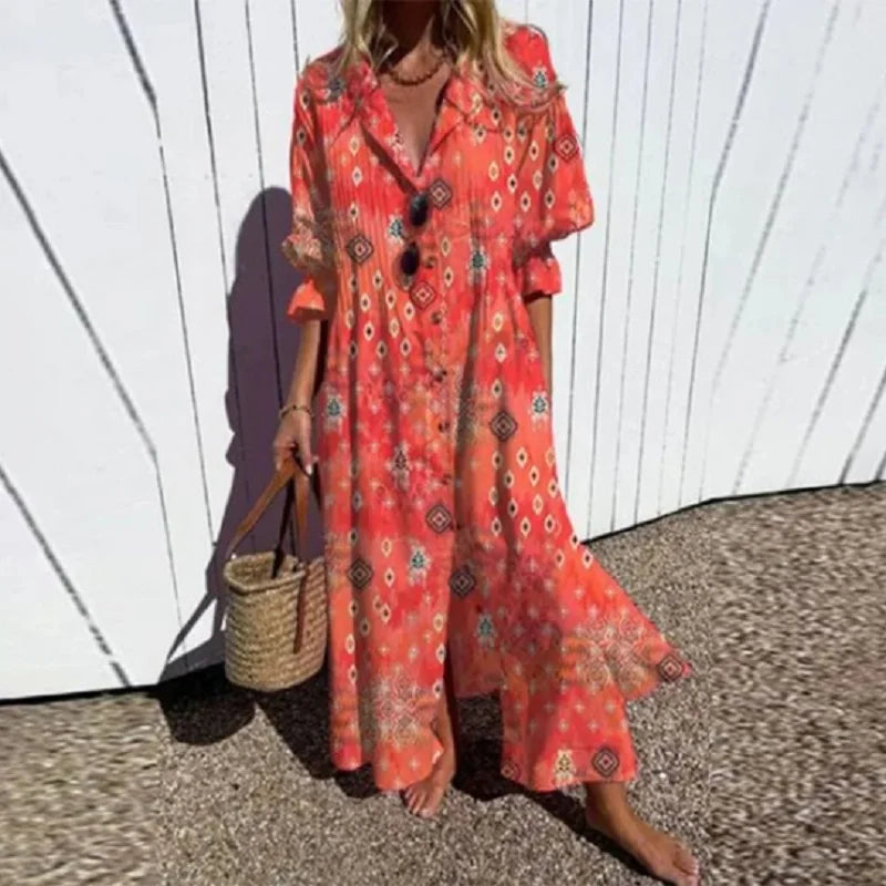 Women's Artistic Printed Button Front Maxi Shirt Dress