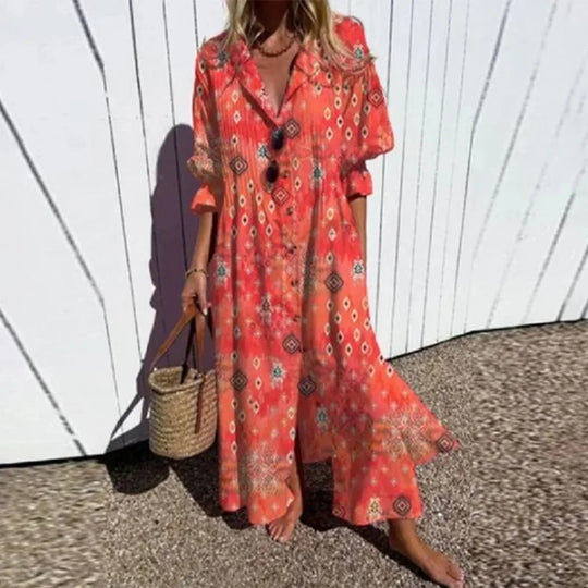 Women's Artistic Printed Button Front Maxi Shirt Dress