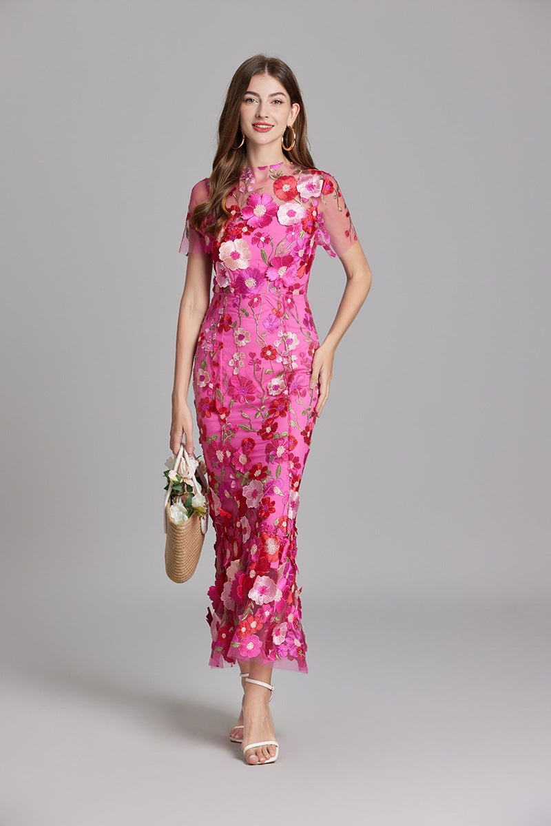 Women's Embroidered Mesh Fitted Maxi Dress