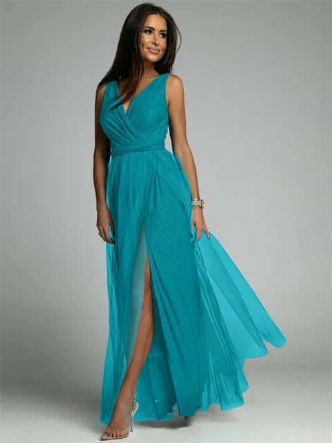 Women's Sleeveless Glitter Maxi Evening Dress
