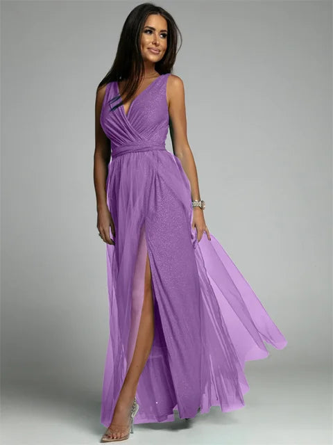 Women's Sleeveless Glitter Maxi Evening Dress