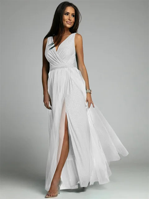 Women's Sleeveless Glitter Maxi Evening Dress