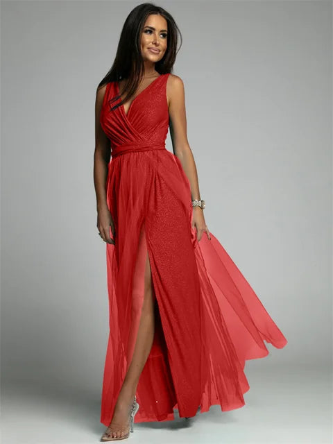 Women's Sleeveless Glitter Maxi Evening Dress