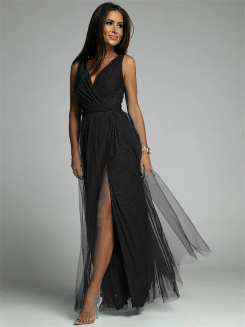 Women's Sleeveless Glitter Maxi Evening Dress