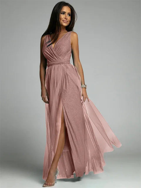 Women's Sleeveless Glitter Maxi Evening Dress