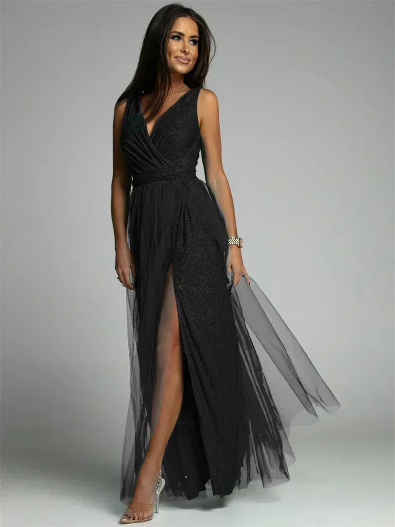 Women's Sleeveless Glitter Maxi Evening Dress