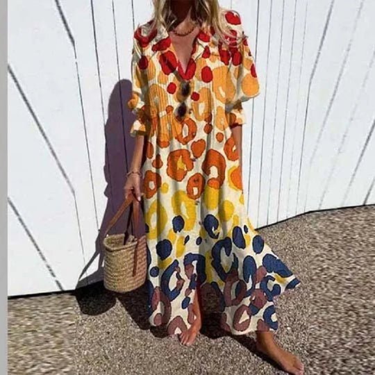 Women's Artistic Printed Button Front Maxi Shirt Dress