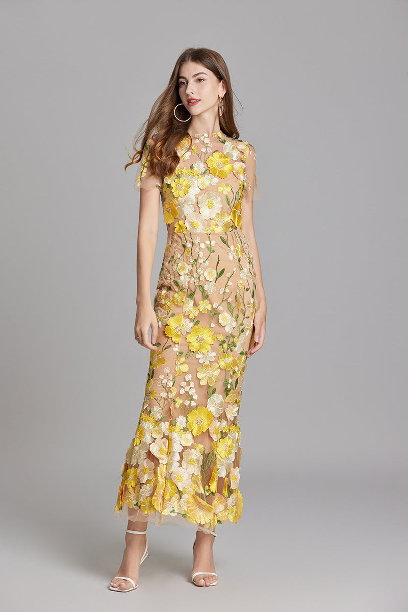 Women's Embroidered Mesh Fitted Maxi Dress