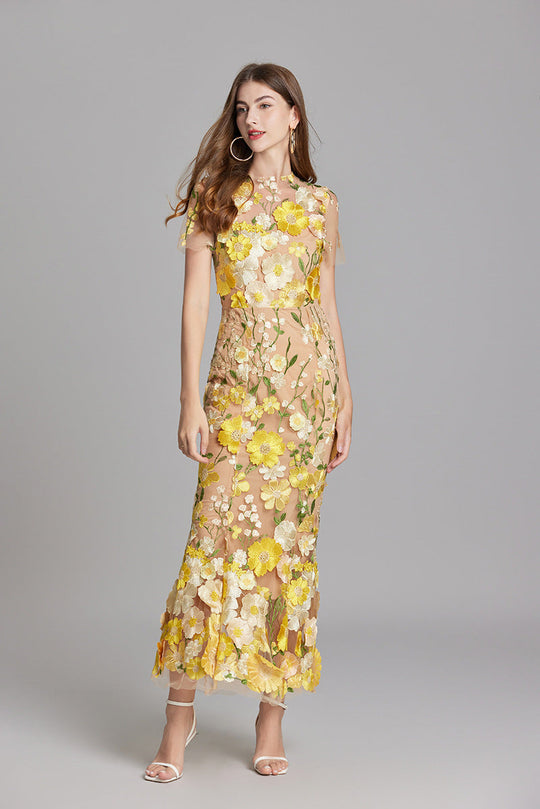 Women's Embroidered Mesh Fitted Maxi Dress