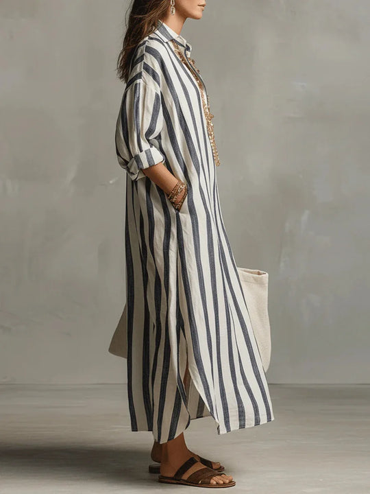 Women's Relaxed Striped Button-Up Maxi Shirt Dress